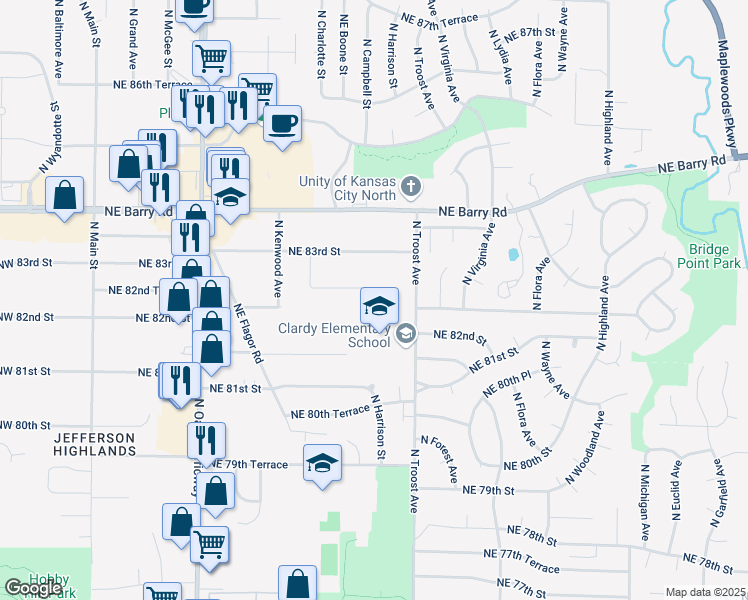 map of restaurants, bars, coffee shops, grocery stores, and more near 907 Northeast 82nd Terrace in Kansas City