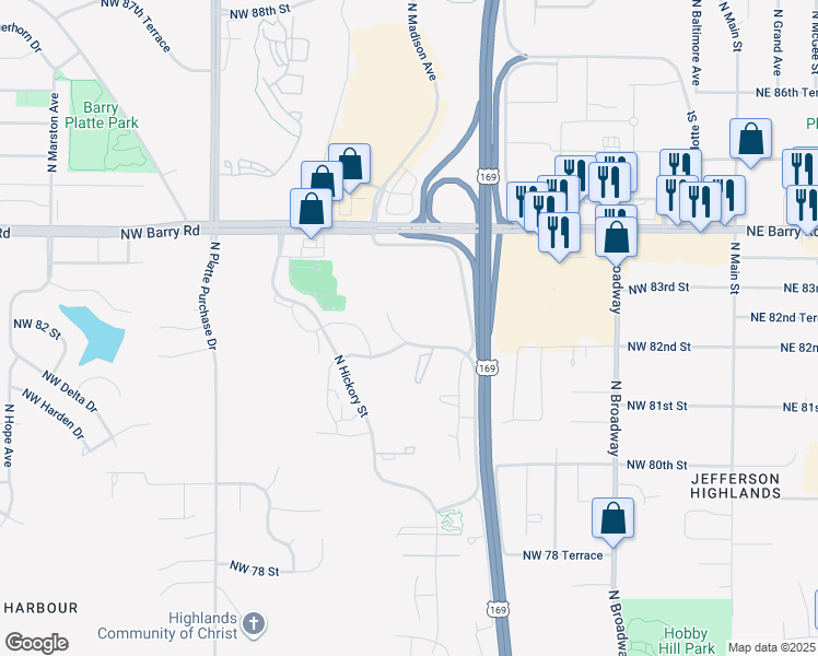 map of restaurants, bars, coffee shops, grocery stores, and more near 8161 North Thomas Meyers Drive in Kansas City