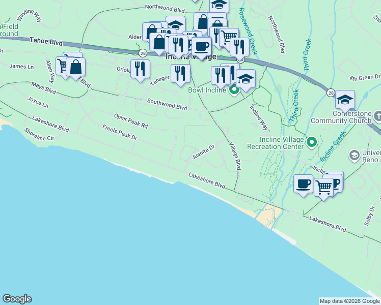 map of restaurants, bars, coffee shops, grocery stores, and more near 120 Juanita Drive in Incline Village