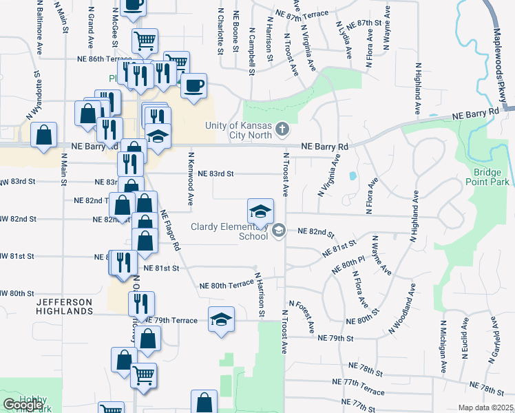 map of restaurants, bars, coffee shops, grocery stores, and more near 907 Northeast 82nd Terrace in Kansas City