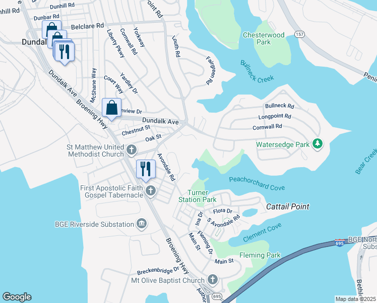 map of restaurants, bars, coffee shops, grocery stores, and more near 325 Sollers Point Road in Dundalk