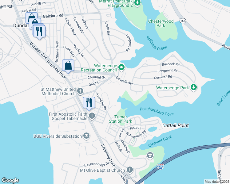 map of restaurants, bars, coffee shops, grocery stores, and more near 325 Sollers Point Road in Dundalk