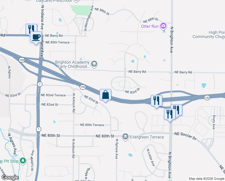 map of restaurants, bars, coffee shops, grocery stores, and more near 4327 Northeast 83rd Street in Kansas City