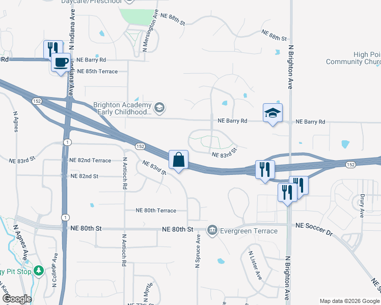 map of restaurants, bars, coffee shops, grocery stores, and more near 4327 Northeast 83rd Street in Kansas City
