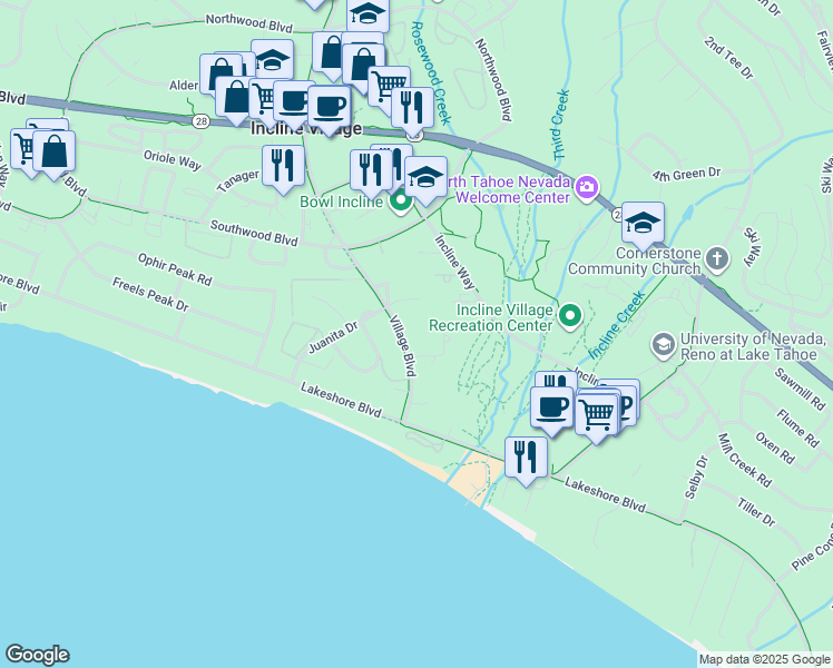map of restaurants, bars, coffee shops, grocery stores, and more near 144 Village Boulevard in Incline Village