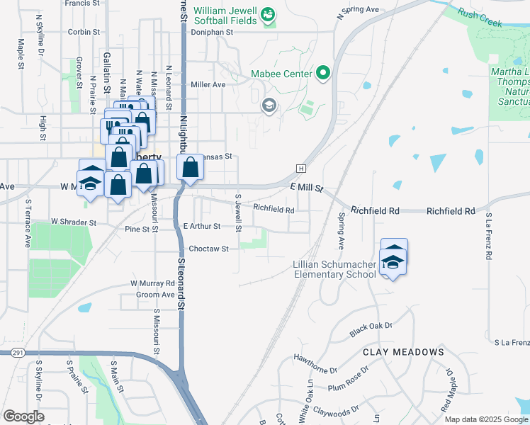 map of restaurants, bars, coffee shops, grocery stores, and more near 542 East Arthur Street in Liberty
