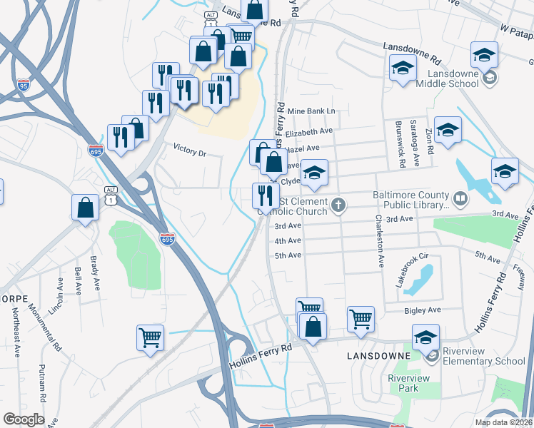 map of restaurants, bars, coffee shops, grocery stores, and more near 2710 Hammonds Ferry Road in Halethorpe