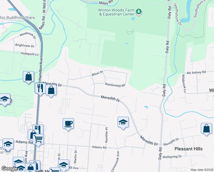 map of restaurants, bars, coffee shops, grocery stores, and more near 1414 Meredith Drive in Cincinnati