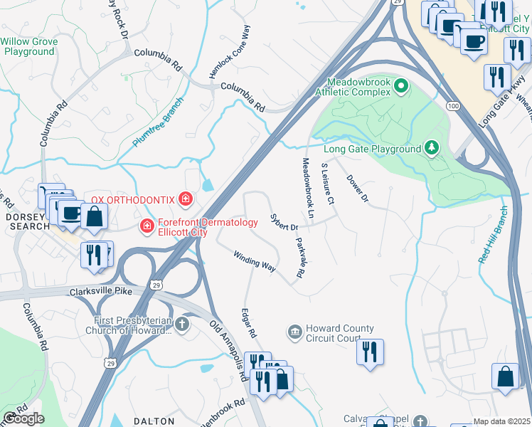 map of restaurants, bars, coffee shops, grocery stores, and more near 9129 Sybert Drive in Ellicott City