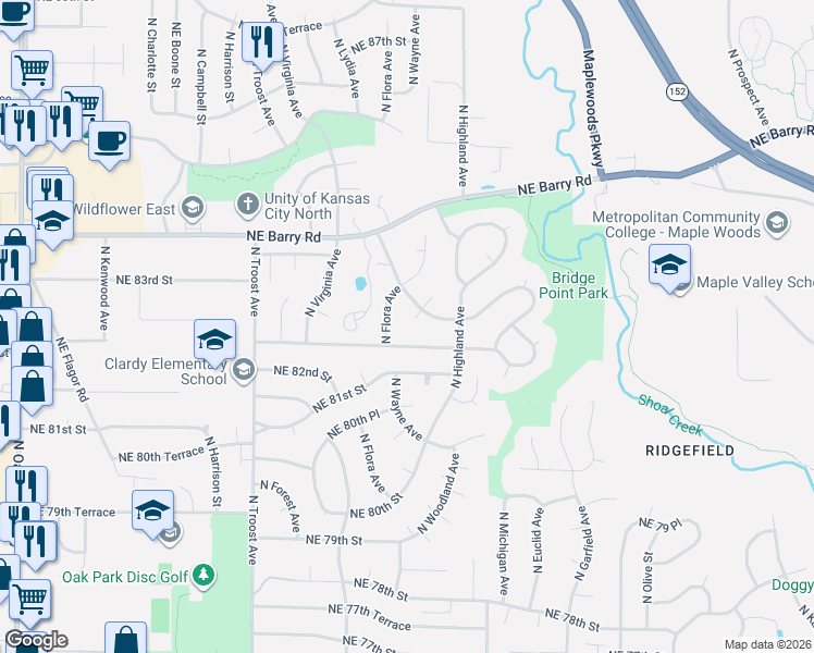 map of restaurants, bars, coffee shops, grocery stores, and more near 1600 Northeast 82nd Terrace in Kansas City