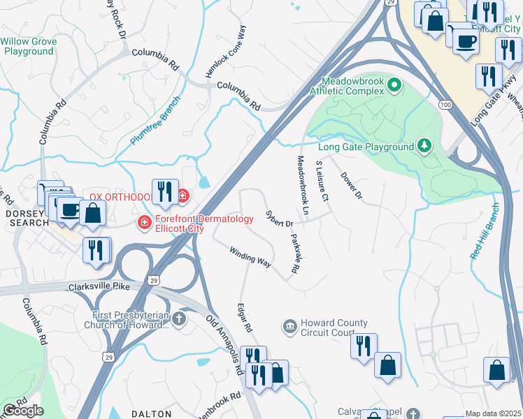 map of restaurants, bars, coffee shops, grocery stores, and more near 9129 Sybert Drive in Ellicott City
