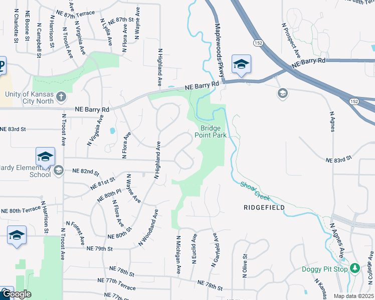 map of restaurants, bars, coffee shops, grocery stores, and more near 8249 North Woodland Avenue in Kansas City
