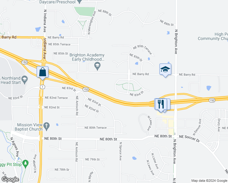 map of restaurants, bars, coffee shops, grocery stores, and more near 8300 North Spruce Avenue in Kansas City