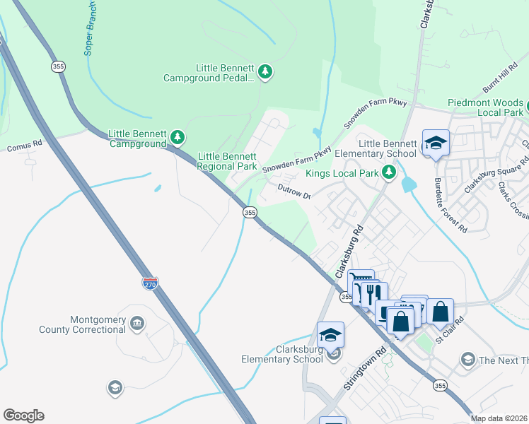 map of restaurants, bars, coffee shops, grocery stores, and more near 23540 Frederick Road in Clarksburg