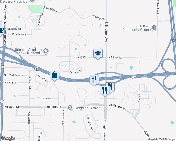 map of restaurants, bars, coffee shops, grocery stores, and more near 4631 Northeast 83rd Terrace in Kansas City