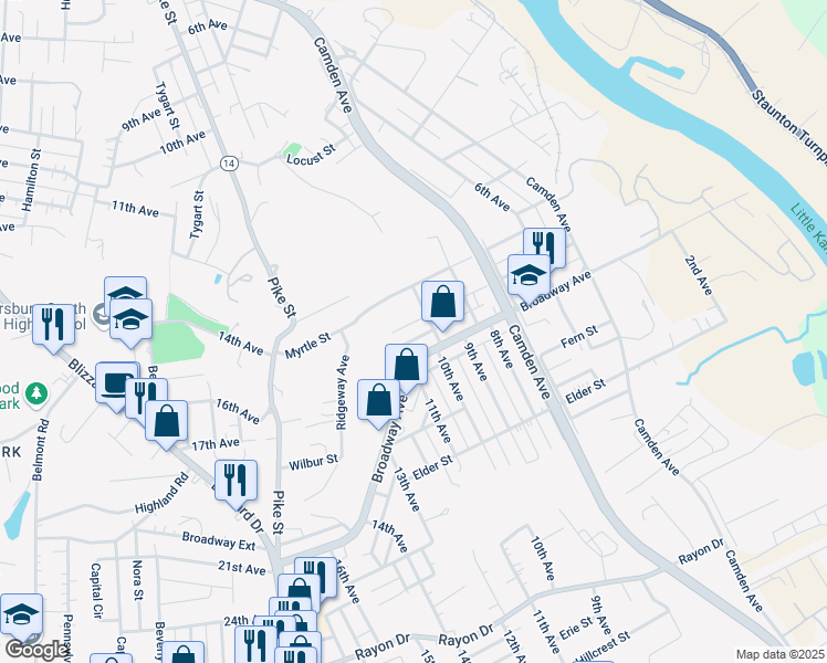 map of restaurants, bars, coffee shops, grocery stores, and more near 1012 Broadway Avenue in Parkersburg