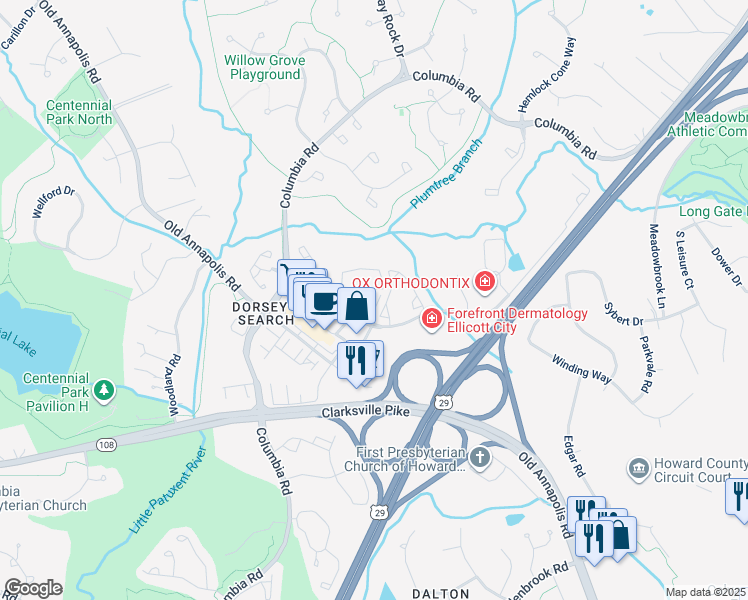 map of restaurants, bars, coffee shops, grocery stores, and more near 4950 Dorsey Hall Drive in Ellicott City