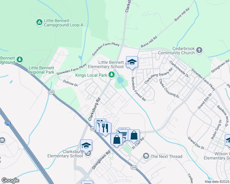 map of restaurants, bars, coffee shops, grocery stores, and more near 23600 Overlook Park Drive in Clarksburg