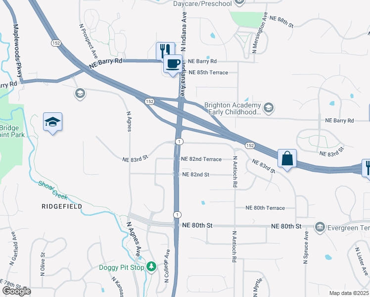 map of restaurants, bars, coffee shops, grocery stores, and more near 3401 Northeast 83rd Street in Kansas City