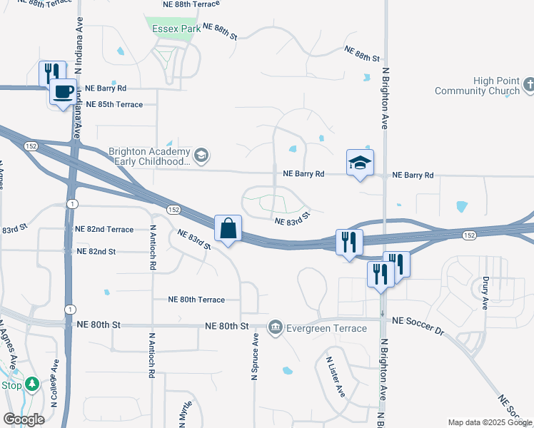 map of restaurants, bars, coffee shops, grocery stores, and more near 4364 Northeast 83rd Street in Kansas City