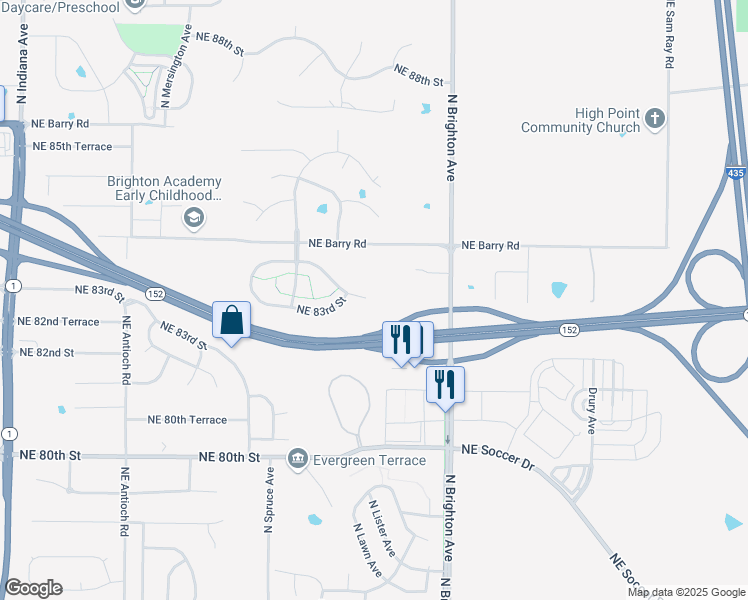 map of restaurants, bars, coffee shops, grocery stores, and more near 4634 Northeast 83rd Terrace in Kansas City