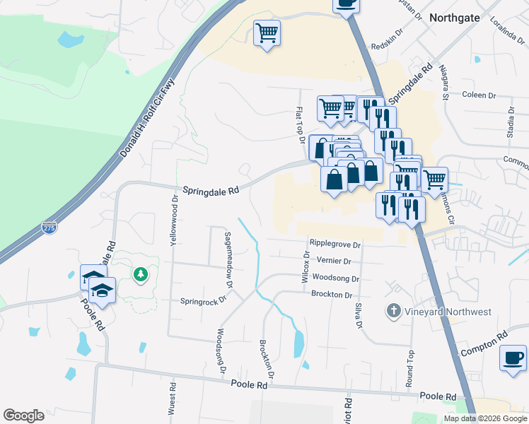 map of restaurants, bars, coffee shops, grocery stores, and more near 9421 Maple Knoll Drive in Cincinnati