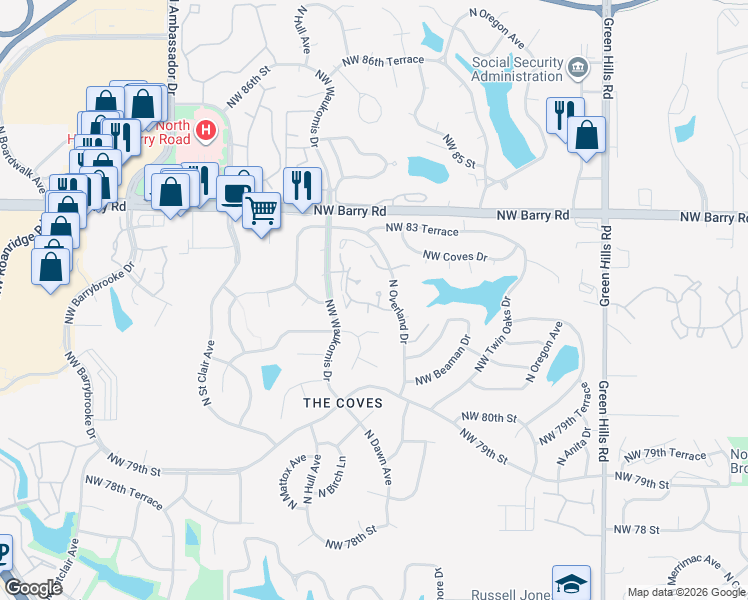 map of restaurants, bars, coffee shops, grocery stores, and more near 5213 Northwest 82nd Terrace in Kansas City