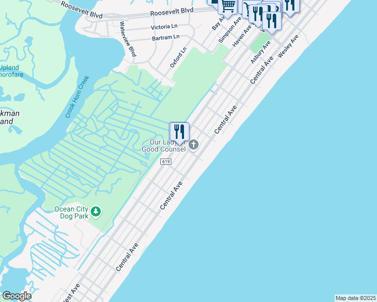 map of restaurants, bars, coffee shops, grocery stores, and more near 40th Street in Ocean City