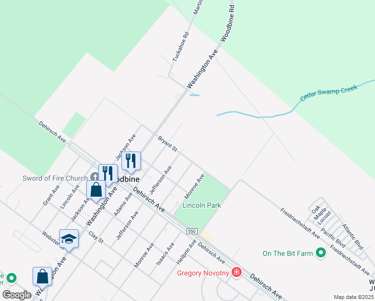 map of restaurants, bars, coffee shops, grocery stores, and more near 225 Jefferson Avenue in Woodbine