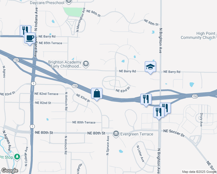 map of restaurants, bars, coffee shops, grocery stores, and more near 8332 Northeast 83rd Street in Kansas City