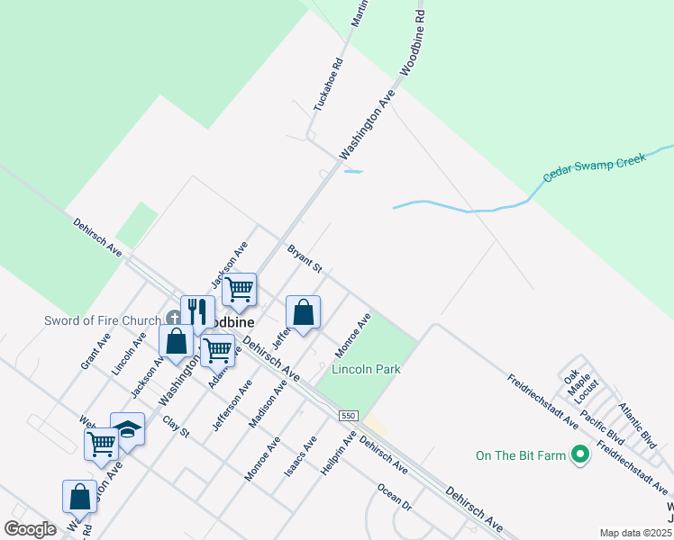 map of restaurants, bars, coffee shops, grocery stores, and more near 225 Jefferson Avenue in Woodbine