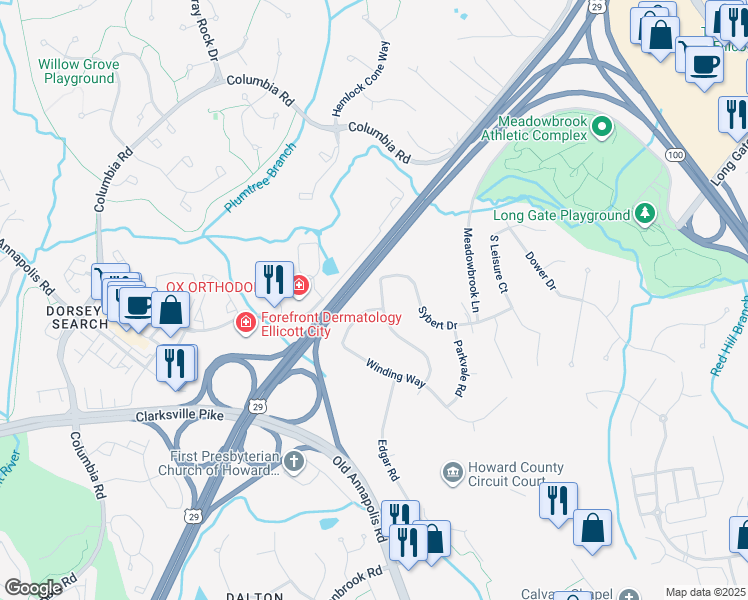 map of restaurants, bars, coffee shops, grocery stores, and more near 4602 West Hill Road in Ellicott City