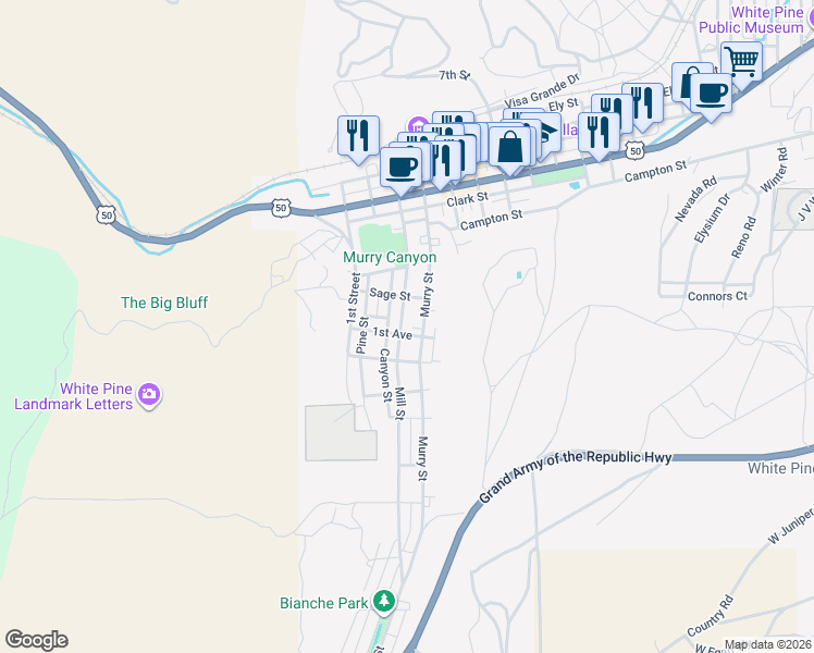 map of restaurants, bars, coffee shops, grocery stores, and more near 786 Mill Street in Ely