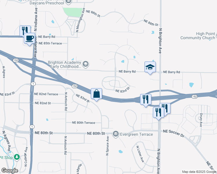 map of restaurants, bars, coffee shops, grocery stores, and more near 8332 Northeast 83rd Street in Kansas City