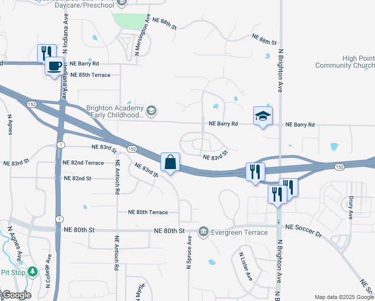 map of restaurants, bars, coffee shops, grocery stores, and more near 8332 Northeast 83rd Street in Kansas City
