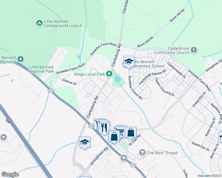 map of restaurants, bars, coffee shops, grocery stores, and more near 23608 Overlook Park Drive in Clarksburg