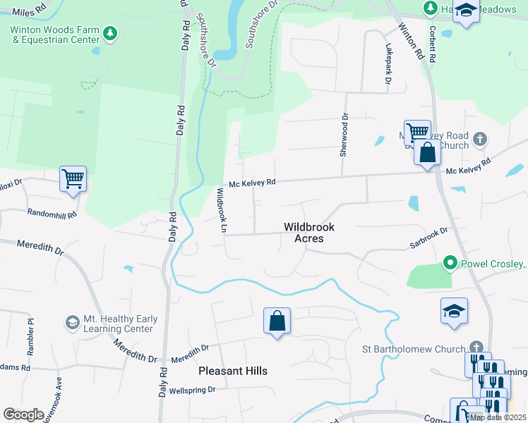 map of restaurants, bars, coffee shops, grocery stores, and more near 9759 Northfield Lane in Cincinnati