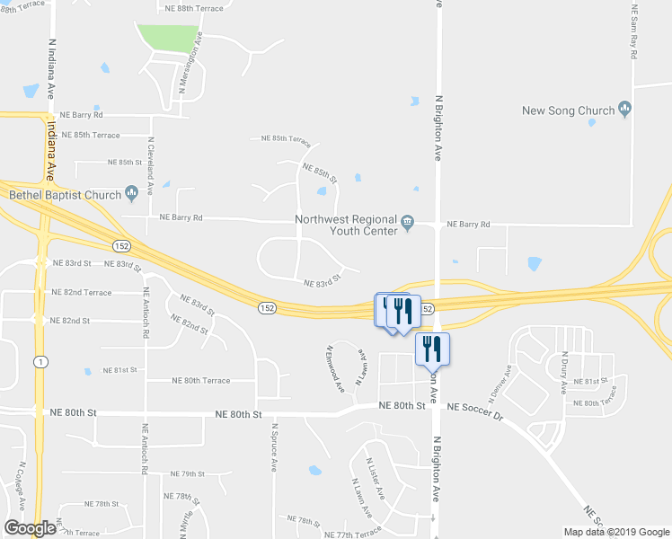 map of restaurants, bars, coffee shops, grocery stores, and more near 4550 Northeast 83rd Street in Kansas City
