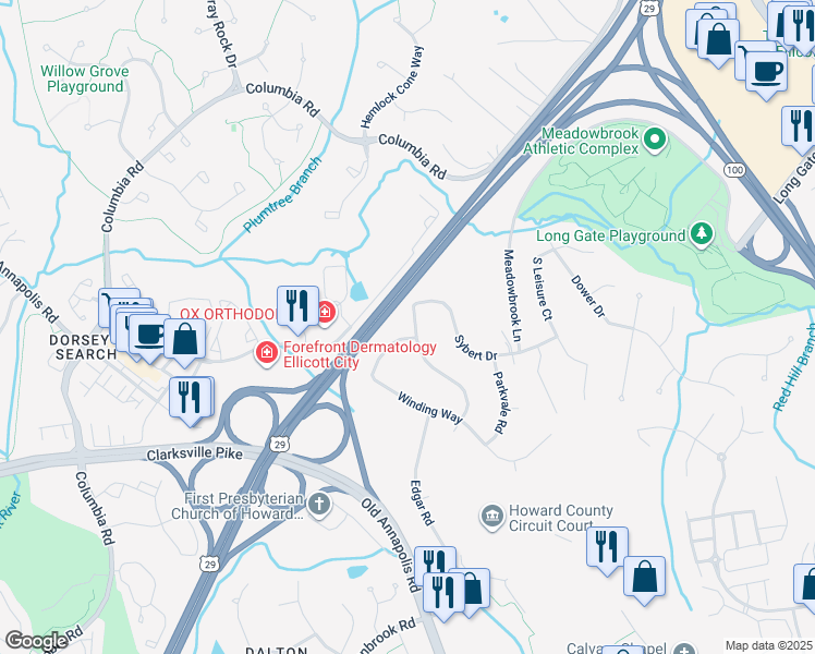 map of restaurants, bars, coffee shops, grocery stores, and more near 4602 West Hill Road in Ellicott City