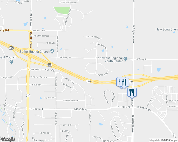 map of restaurants, bars, coffee shops, grocery stores, and more near 4318 Northeast 83rd Street in Kansas City