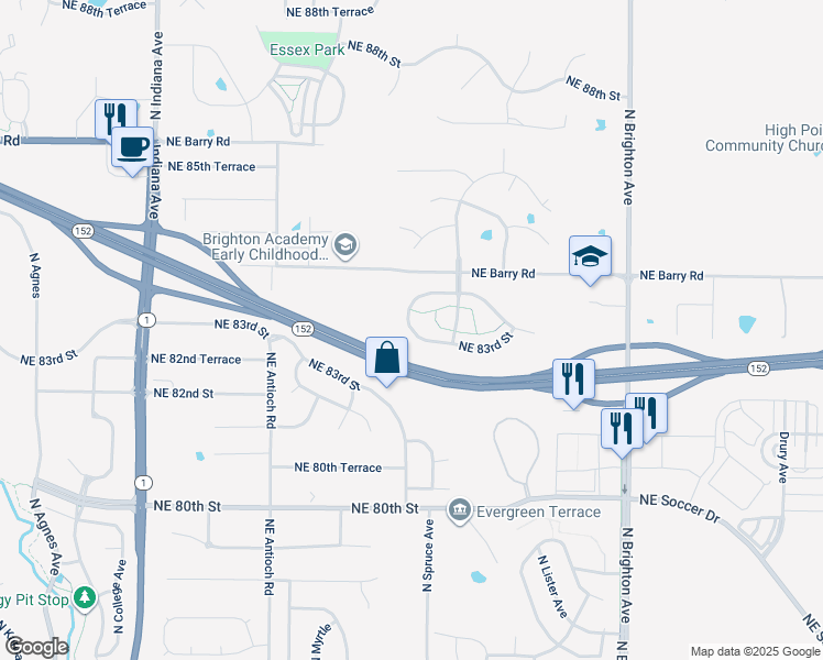 map of restaurants, bars, coffee shops, grocery stores, and more near 8302 North Spruce Avenue in Kansas City