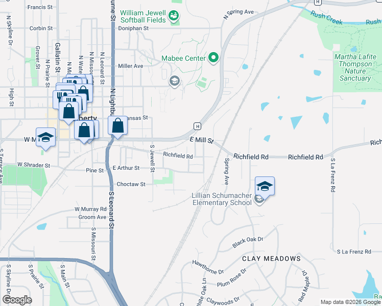 map of restaurants, bars, coffee shops, grocery stores, and more near 593 East Mill Street in Liberty