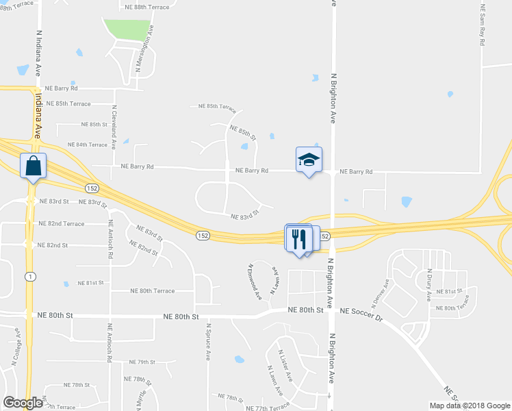 map of restaurants, bars, coffee shops, grocery stores, and more near 4552 Northeast 83rd Street in Kansas City