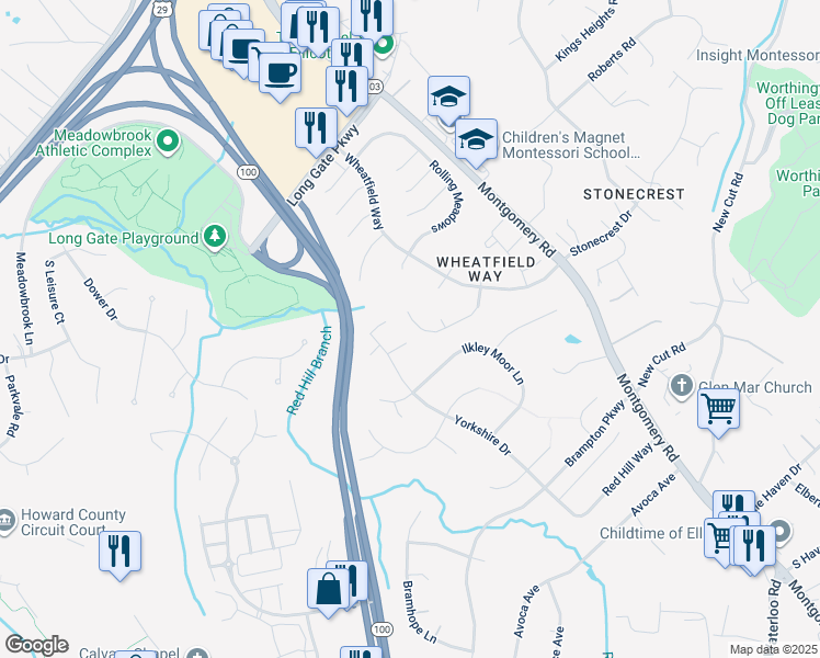 map of restaurants, bars, coffee shops, grocery stores, and more near 8575 Autumn Harvest in Ellicott City
