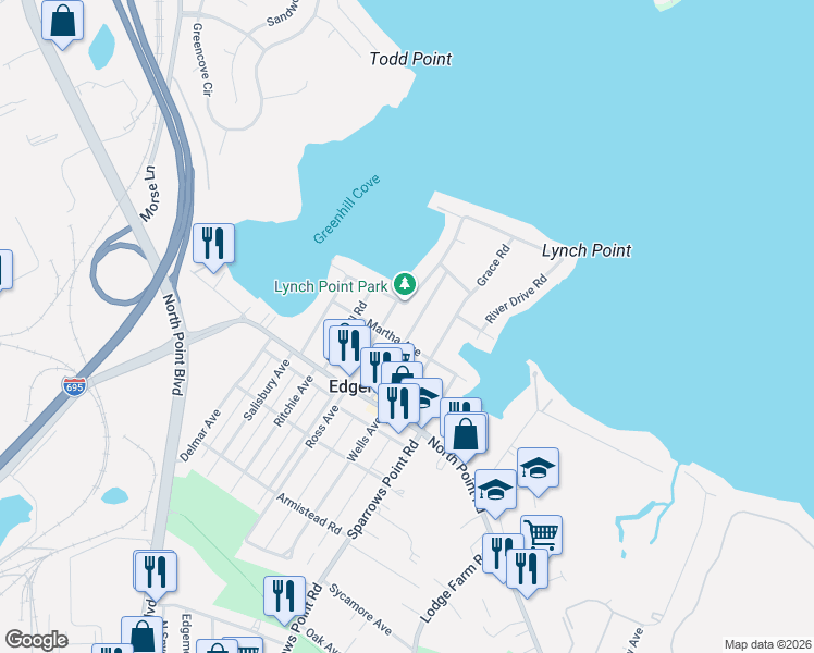 map of restaurants, bars, coffee shops, grocery stores, and more near 3206 Lynch Road in Sparrows Point
