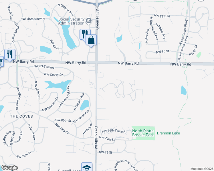 map of restaurants, bars, coffee shops, grocery stores, and more near 4335 Northwest 82nd Street in Kansas City