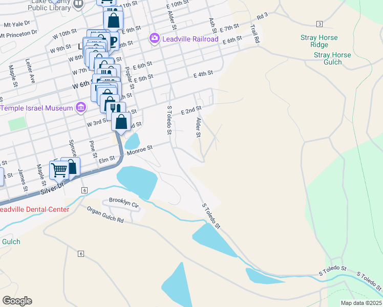 map of restaurants, bars, coffee shops, grocery stores, and more near 175 South Toledo Street in Leadville