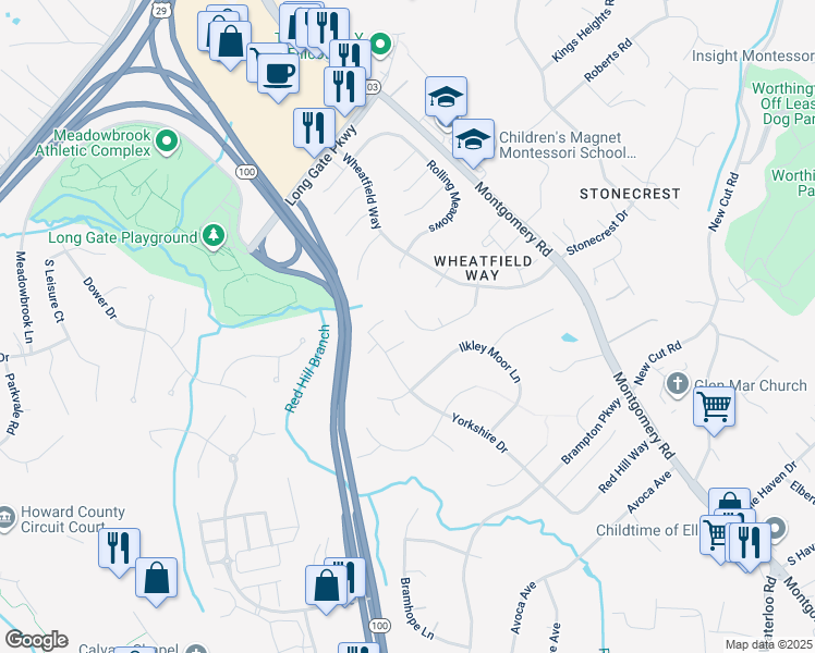 map of restaurants, bars, coffee shops, grocery stores, and more near 8575 Autumn Harvest in Ellicott City