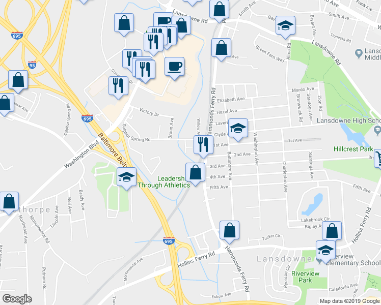 map of restaurants, bars, coffee shops, grocery stores, and more near 2213 Sulphur Spring Road in Halethorpe
