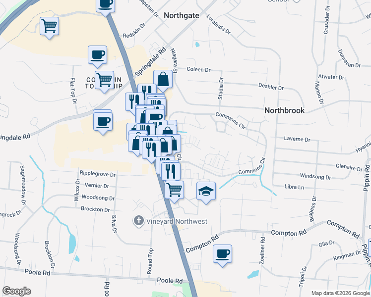 map of restaurants, bars, coffee shops, grocery stores, and more near 3470 Sunbury Lane in Cincinnati